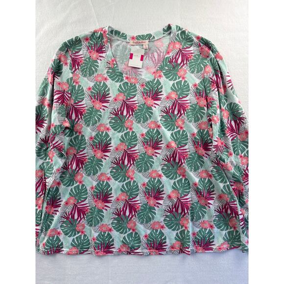 Women’s Fresh Produce Pink & Green Jungle Pattern Long Sleeve Sz 2X - Picture 1 of 4